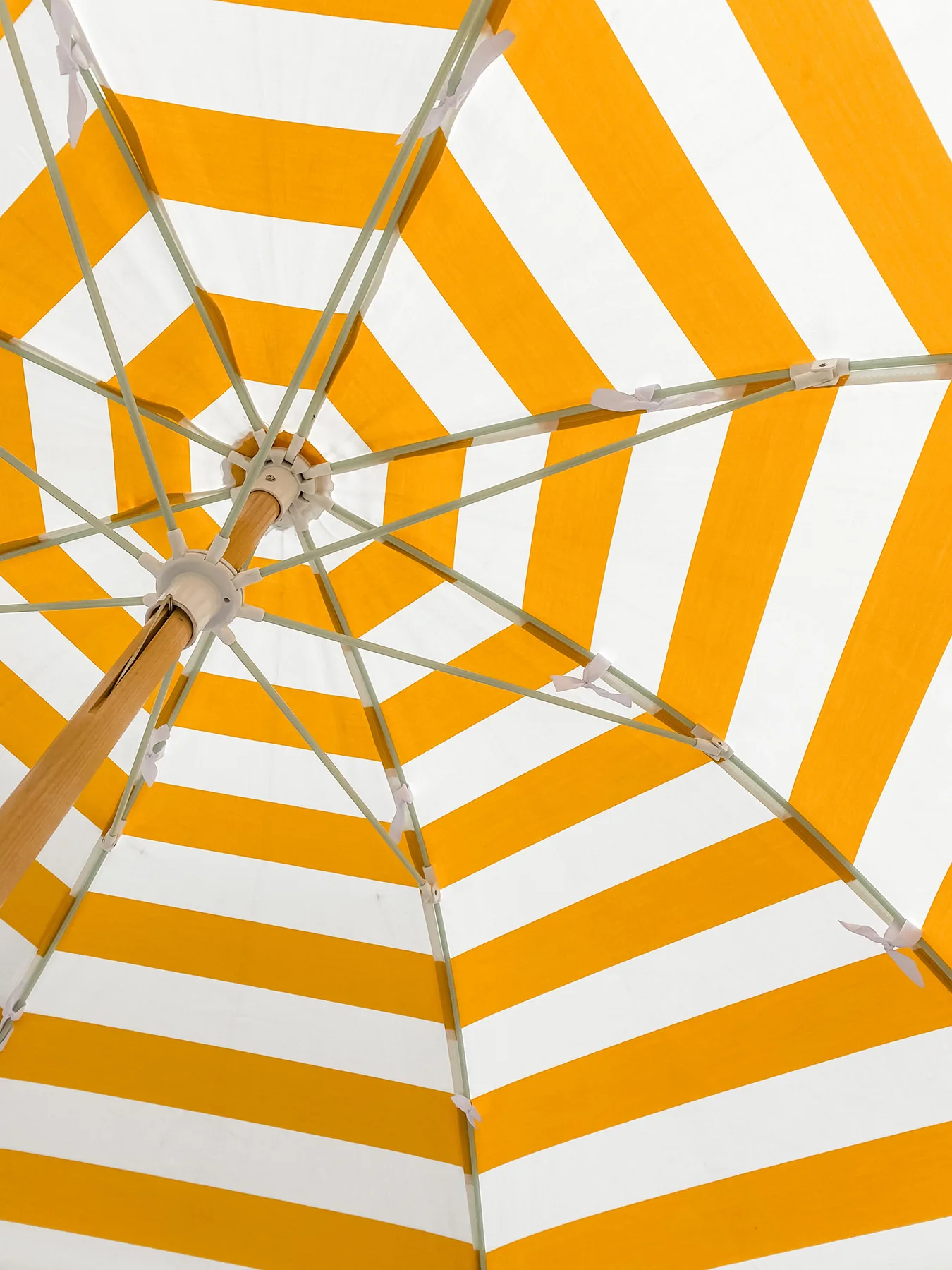 Looking up under a marigold and white striped patio umbrella